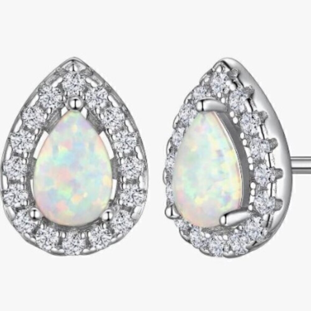925 Sterling Silver Birth Stone Opal Teardrop Studs